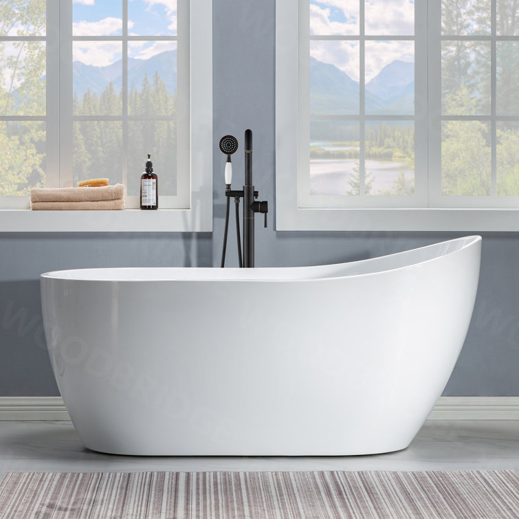 59" White Acrylic Freestanding Single Slipper Bathtub with Brushed Nickel Trim