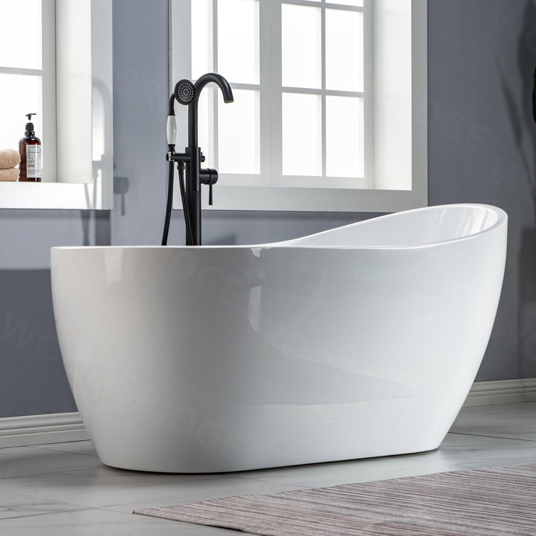 59" White Acrylic Freestanding Single Slipper Bathtub with Brushed Nickel Trim
