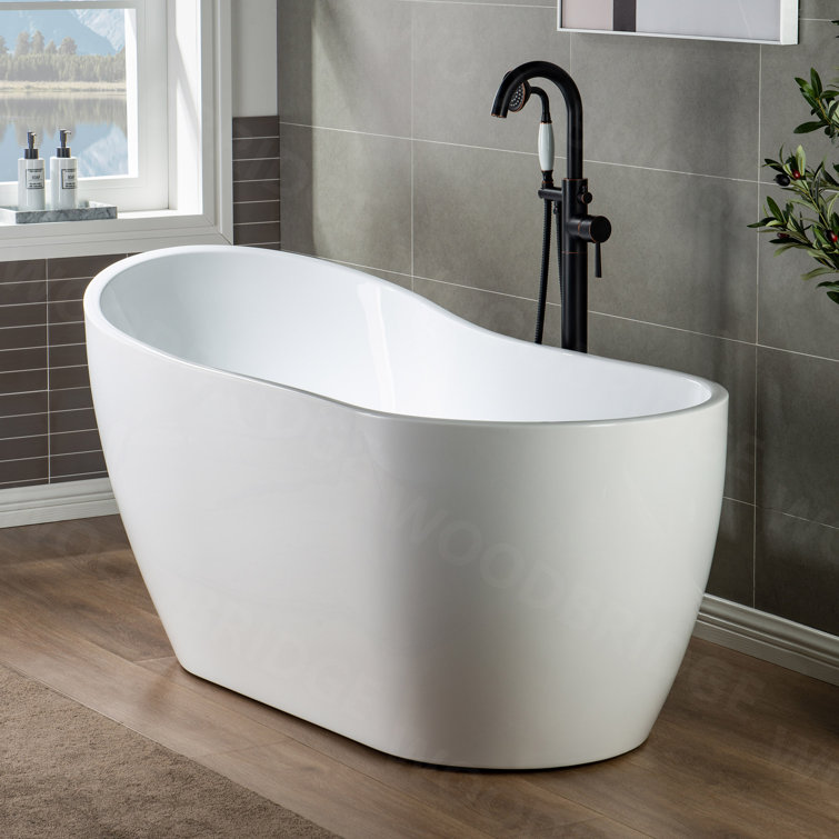 59" White Acrylic Freestanding Single Slipper Bathtub with Brushed Nickel Trim