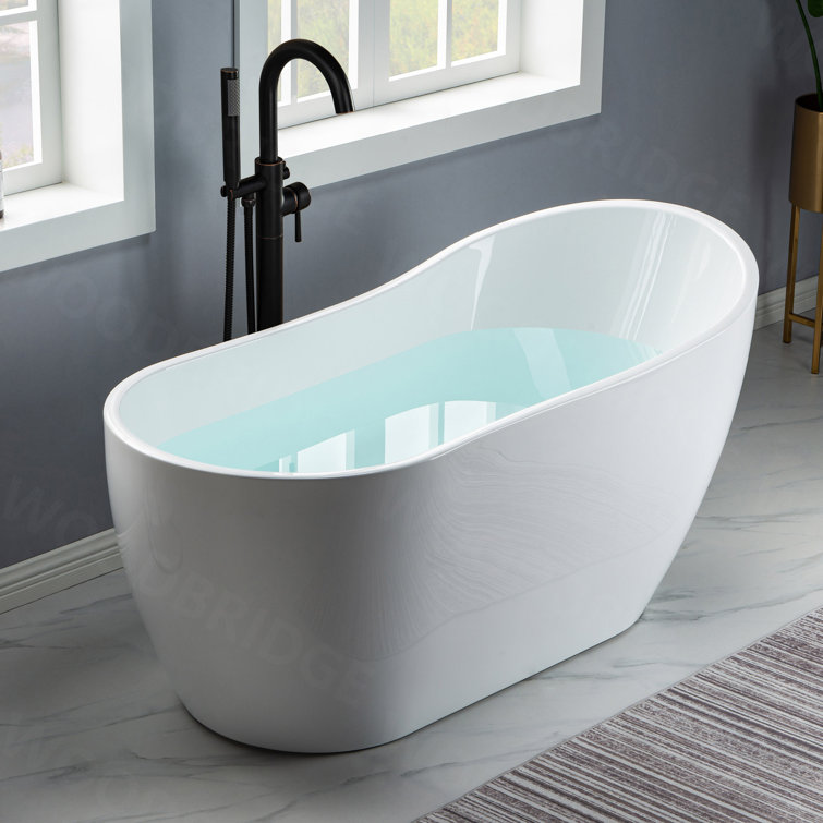 59" White Acrylic Freestanding Single Slipper Bathtub with Brushed Nickel Trim