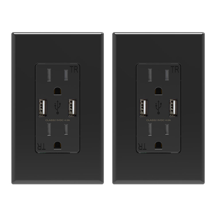 Black 15A Tamper Resistant Duplex Outlet with USB-C Ports