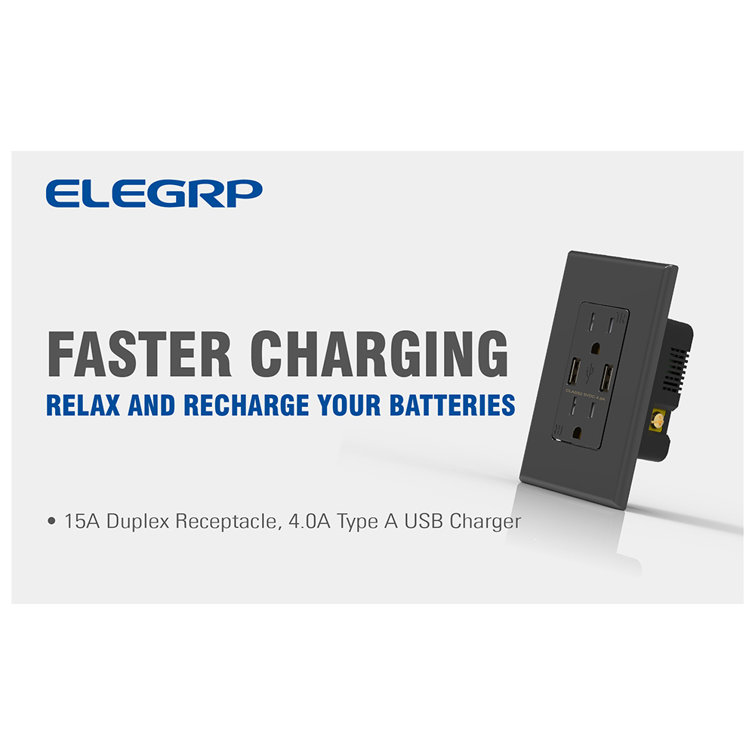 Black 15A Tamper Resistant Duplex Outlet with USB-C Ports