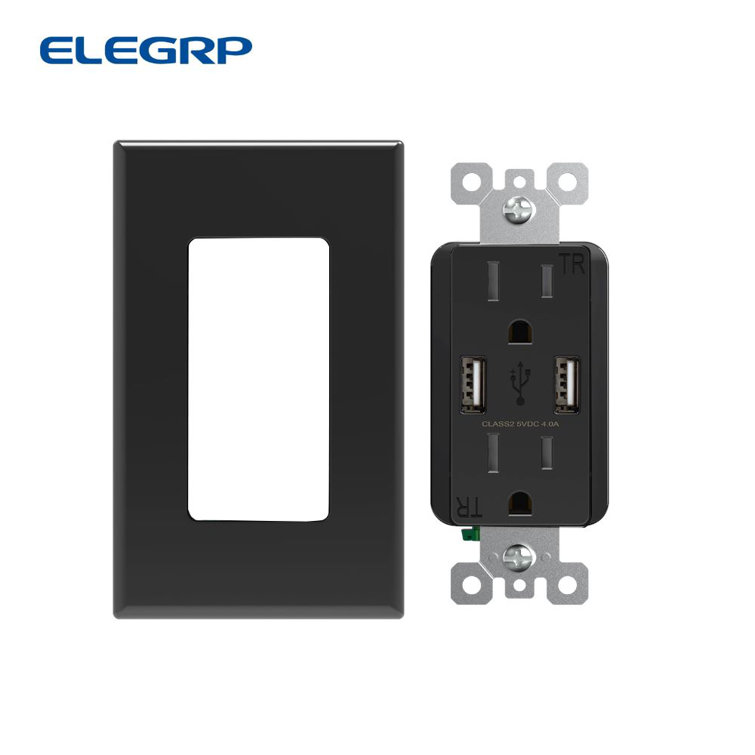 Black 15A Tamper Resistant Duplex Outlet with USB-C Ports