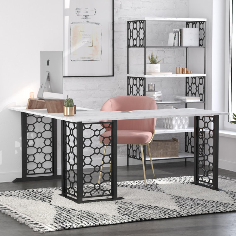 Ella Modern White Marble and Black Metal 5-Shelf Bookcase
