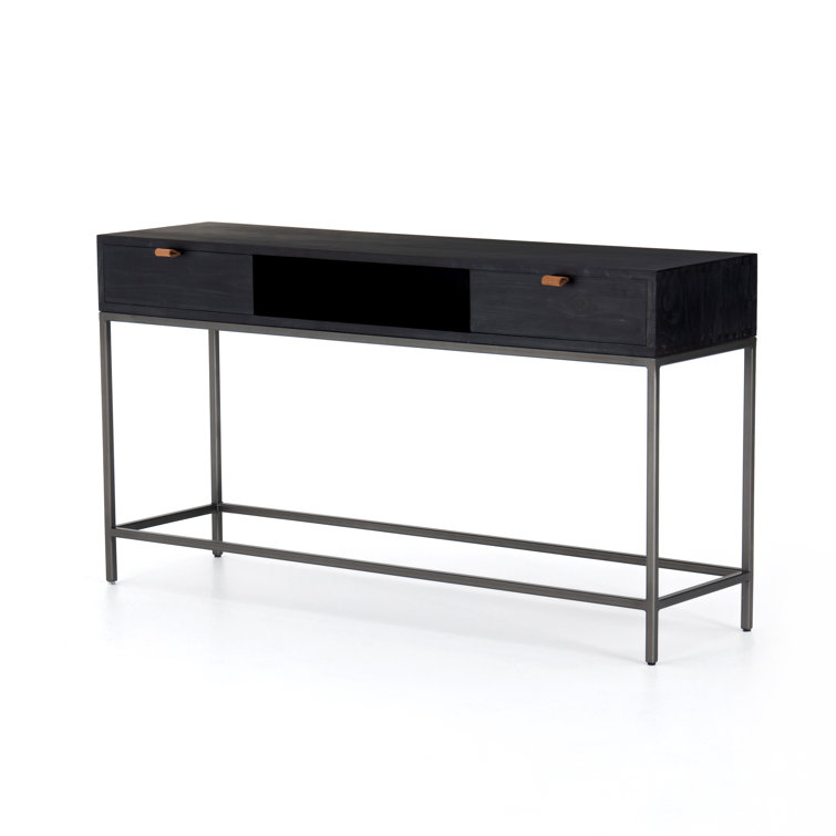 Modern Black Poplar & Iron Console Table with Leather Pulls