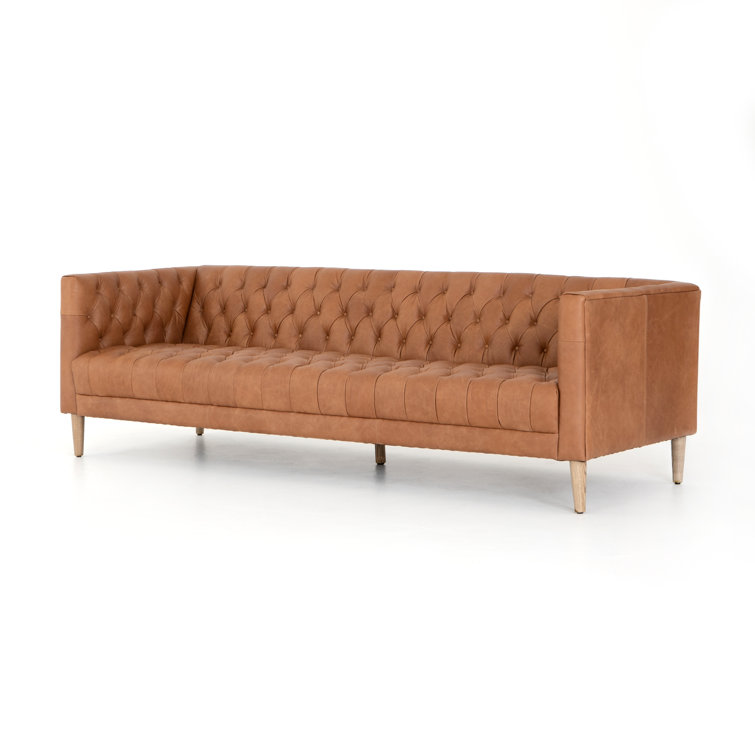 Natural Washed Camel Leather Tufted Sofa 90"