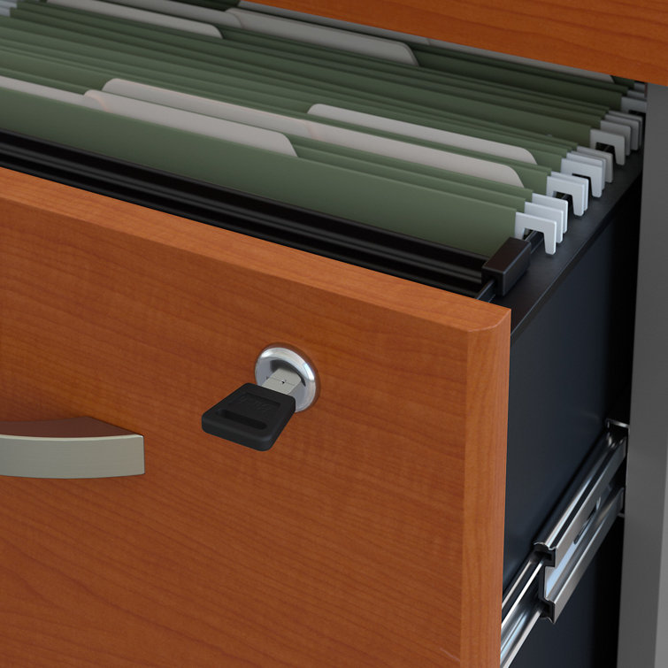 Gray and Cherry Wood L-Shaped Desk with Filing Cabinet