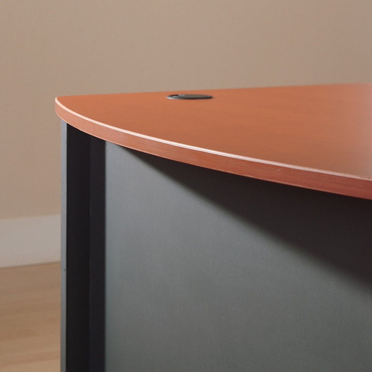 Gray and Cherry Wood L-Shaped Desk with Filing Cabinet