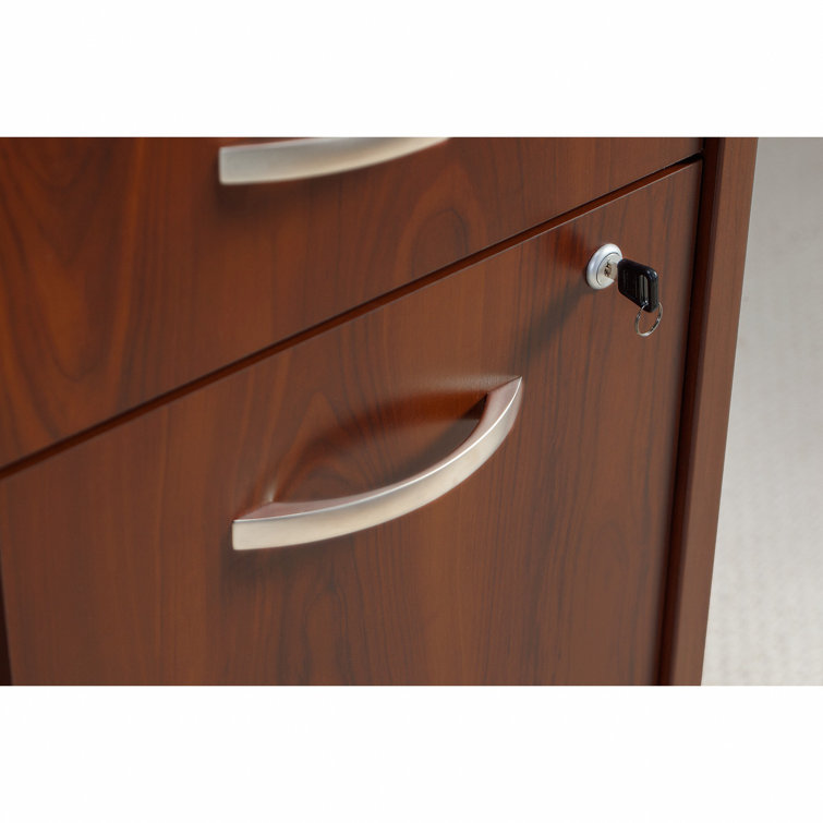 Gray and Cherry Wood L-Shaped Desk with Filing Cabinet