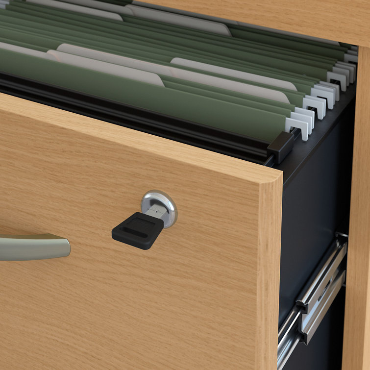 Gray and Cherry Wood L-Shaped Desk with Filing Cabinet