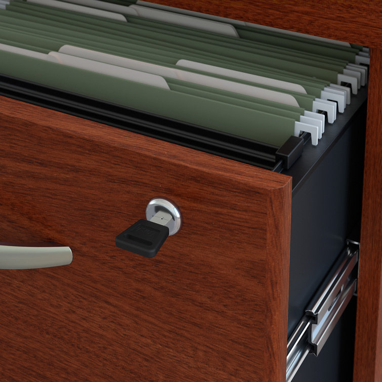 Gray and Cherry Wood L-Shaped Desk with Filing Cabinet