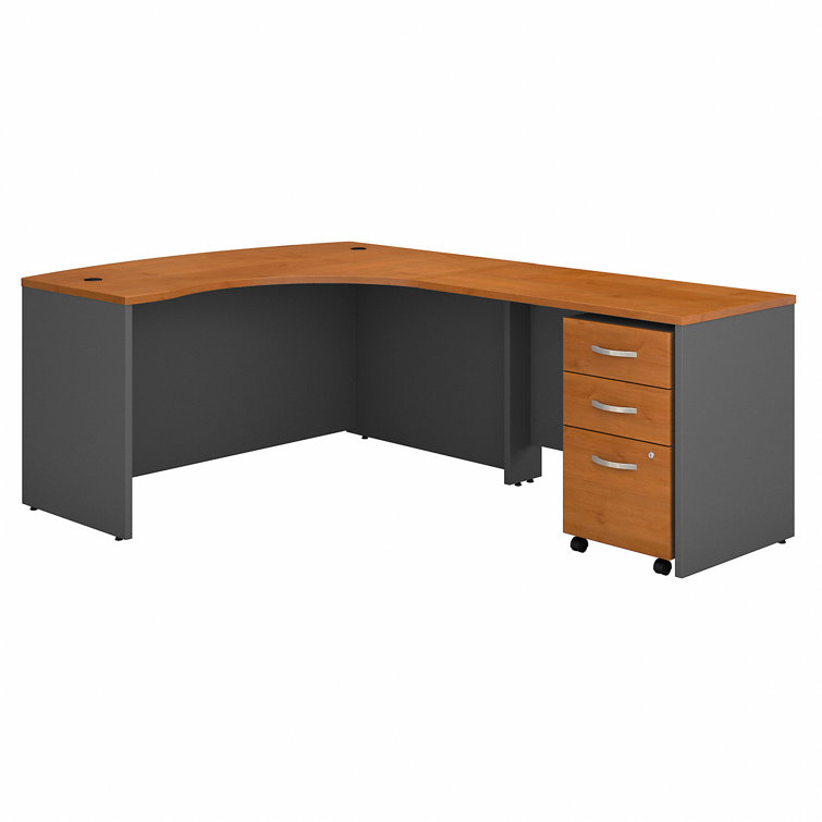 Gray and Cherry Wood L-Shaped Desk with Filing Cabinet
