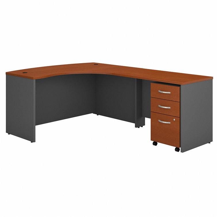 Gray and Cherry Wood L-Shaped Desk with Filing Cabinet