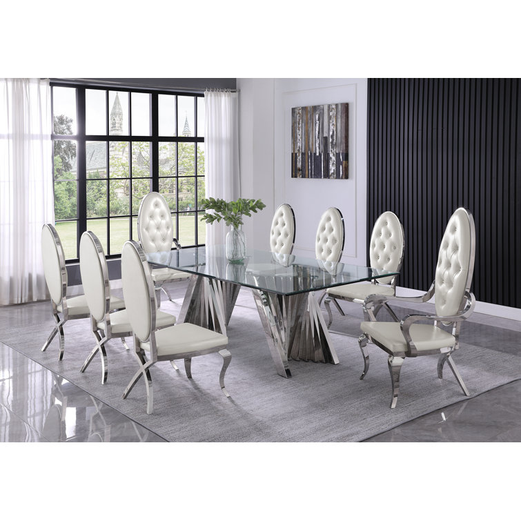 Teal Velvet and Glass 94" Dining Set with Silver Base