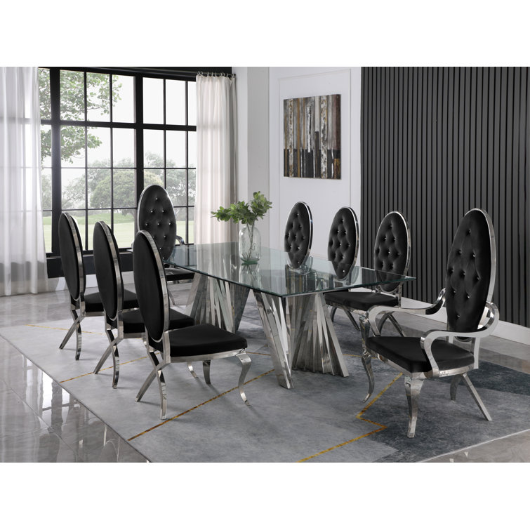 Teal Velvet and Glass 94" Dining Set with Silver Base