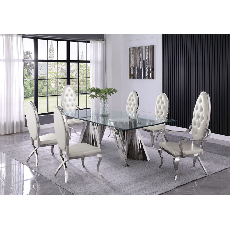 Gray Velvet and Glass 7-Piece Dining Set with Silver Pedestal Base