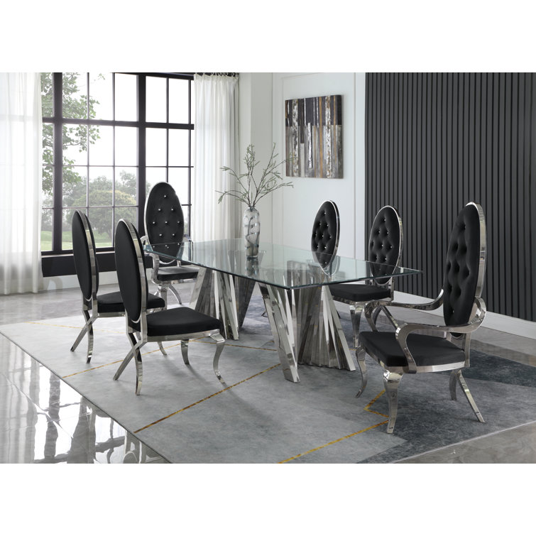 Gray Velvet and Glass 7-Piece Dining Set with Silver Pedestal Base