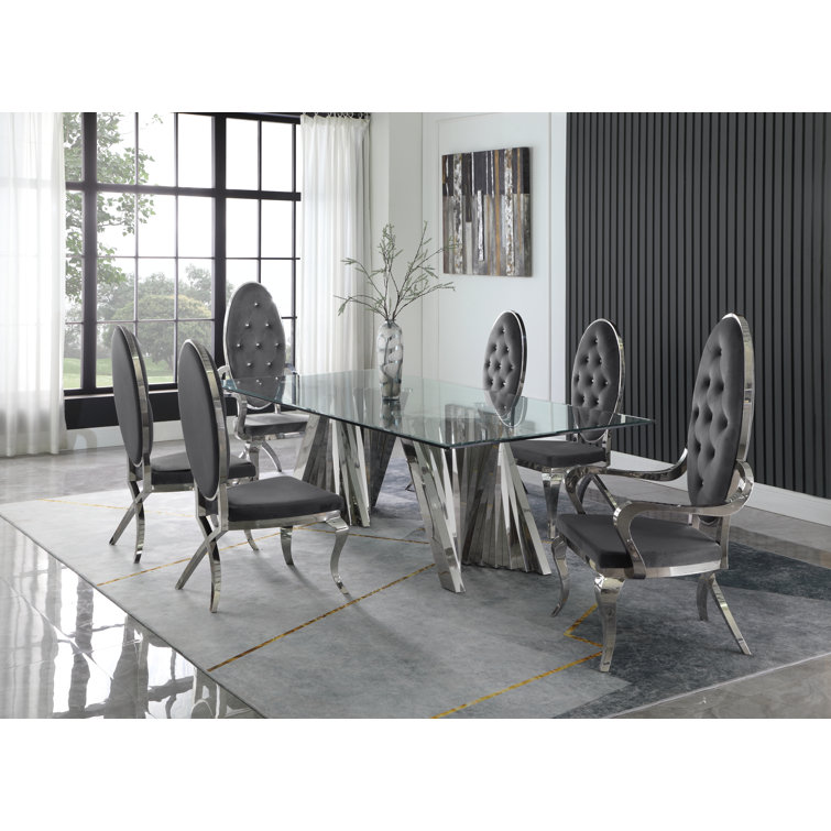 Gray Velvet and Glass 7-Piece Dining Set with Silver Pedestal Base