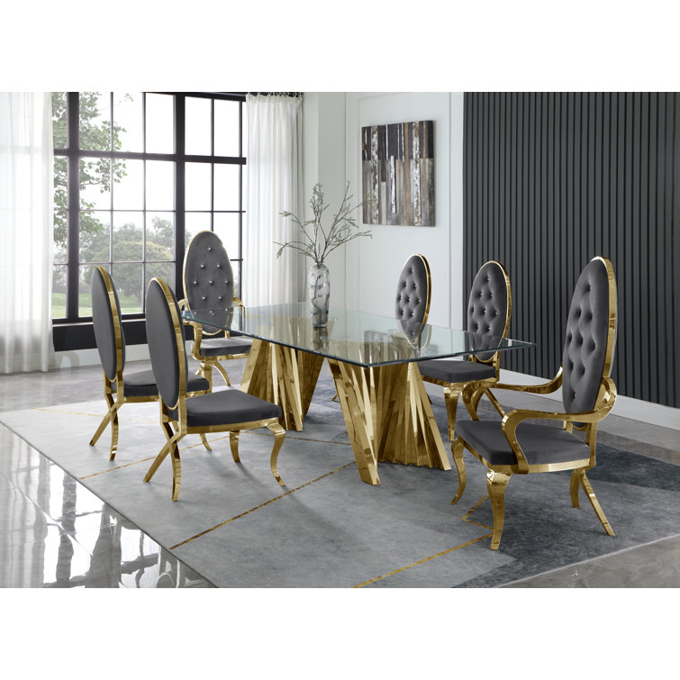 Gray Velvet and Glass 7-Piece Dining Set with Silver Pedestal Base