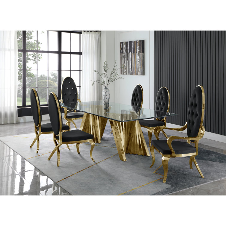 Gray Velvet and Glass 7-Piece Dining Set with Silver Pedestal Base