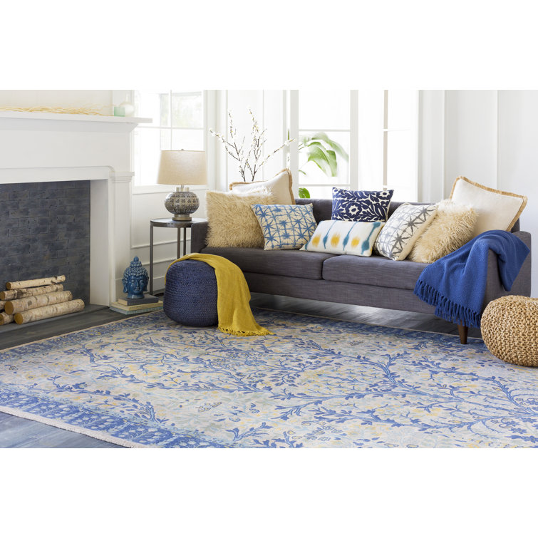 Surya Tropics Dark Blue Woven Jute Round Pouf Ottoman