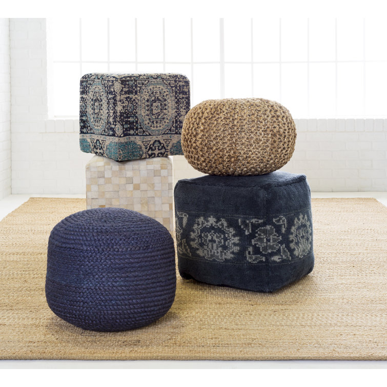 Surya Tropics Dark Blue Woven Jute Round Pouf Ottoman