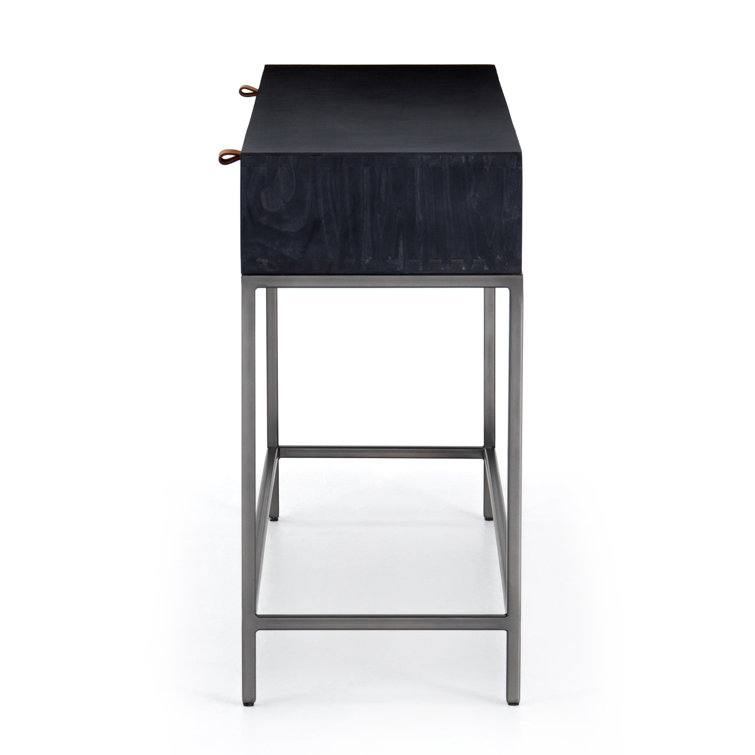 Modern Black Poplar & Iron Console Table with Leather Pulls