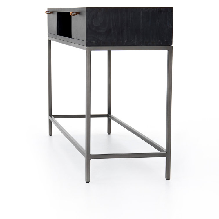 Modern Black Poplar & Iron Console Table with Leather Pulls