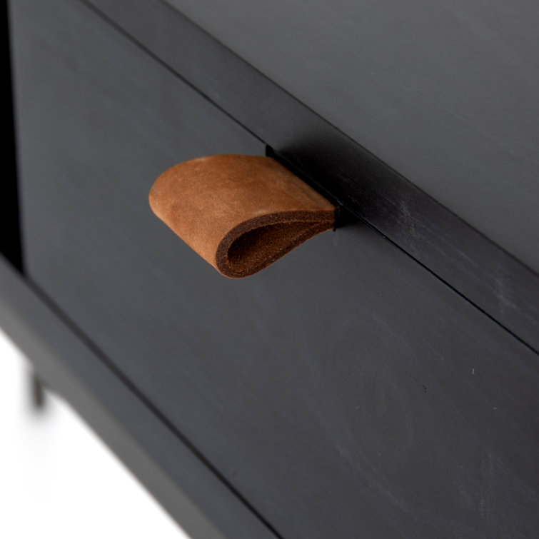 Modern Black Poplar & Iron Console Table with Leather Pulls