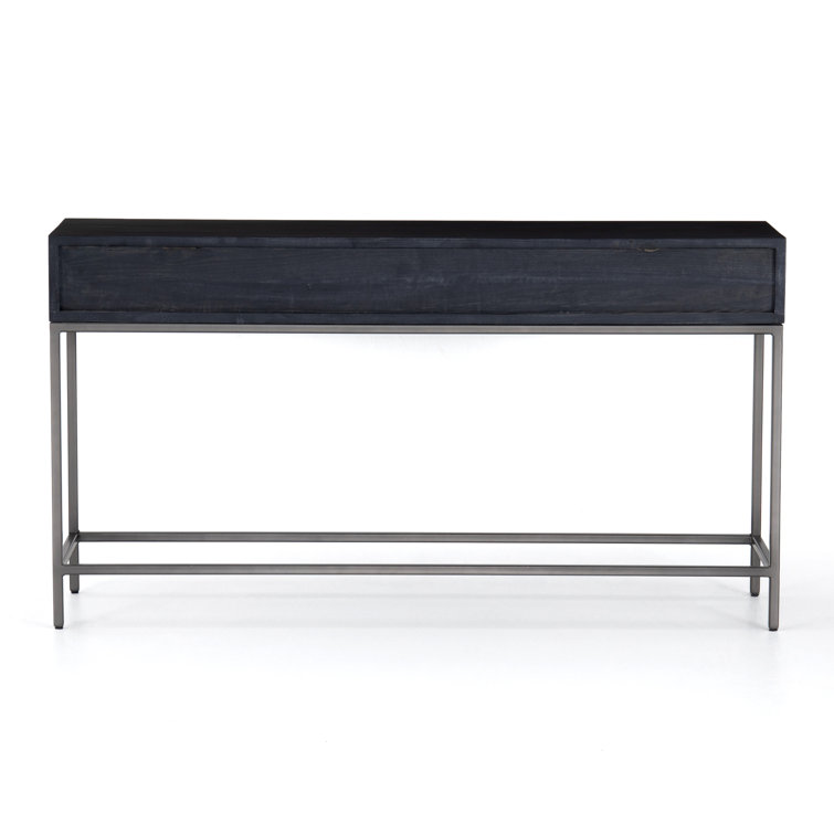 Modern Black Poplar & Iron Console Table with Leather Pulls