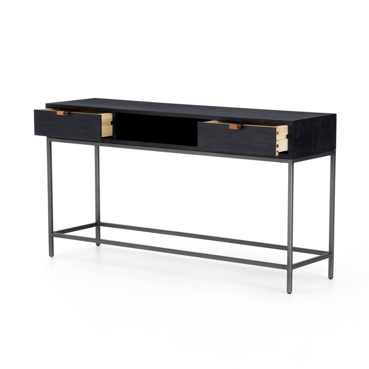 Modern Black Poplar & Iron Console Table with Leather Pulls