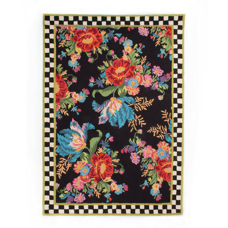 Handmade Black Floral Wool Rectangular Rug 3' x 5'