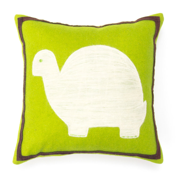 Green and White Wool Turtle Embroidered Kids' Throw Pillow