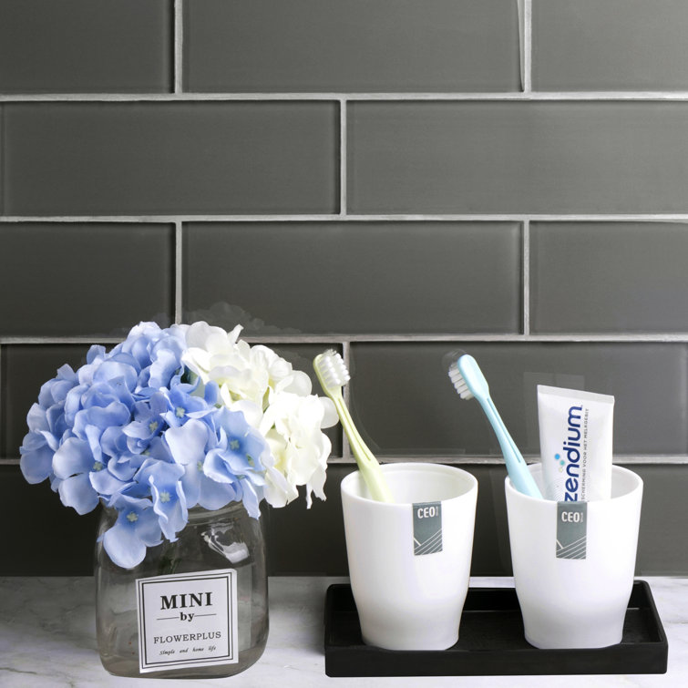 Premium Dark Gray Polished Glass Subway Tile 3" x 9"