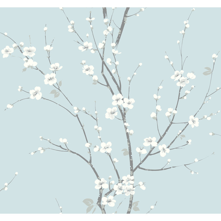 Sky Blue Floral Branch Vinyl-Coated Wallpaper