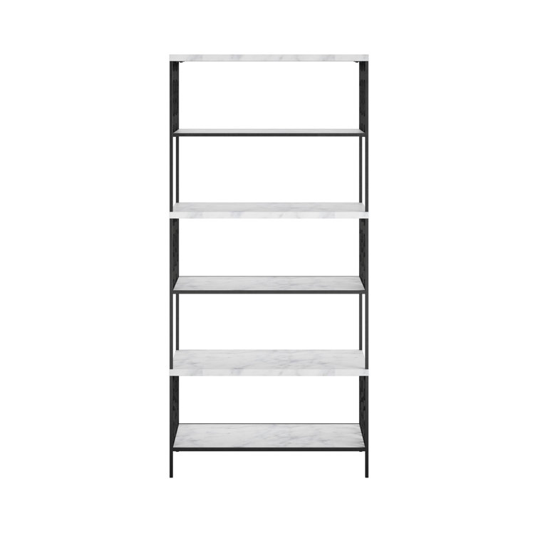 Ella Modern White Marble and Black Metal 5-Shelf Bookcase