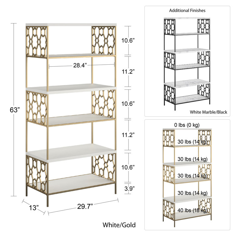 Ella Modern White Marble and Black Metal 5-Shelf Bookcase