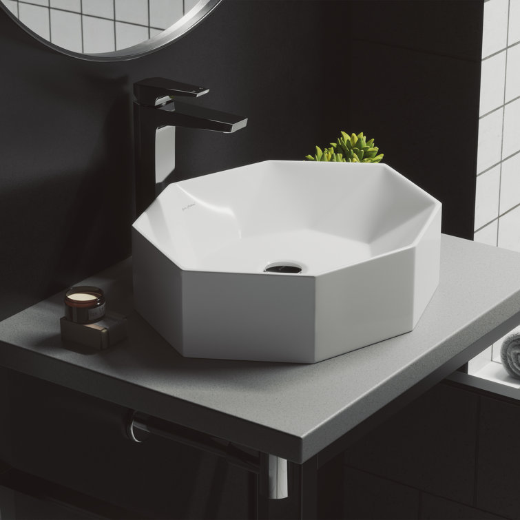 White Geometric Ceramic Above-Counter Vessel Sink