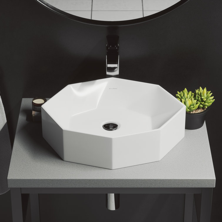 White Geometric Ceramic Above-Counter Vessel Sink