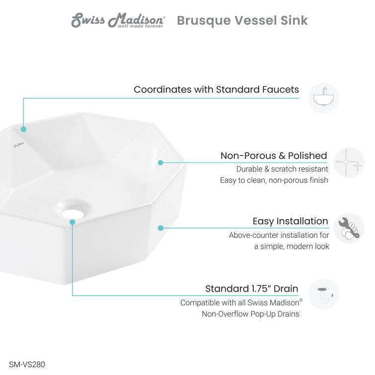 White Geometric Ceramic Above-Counter Vessel Sink