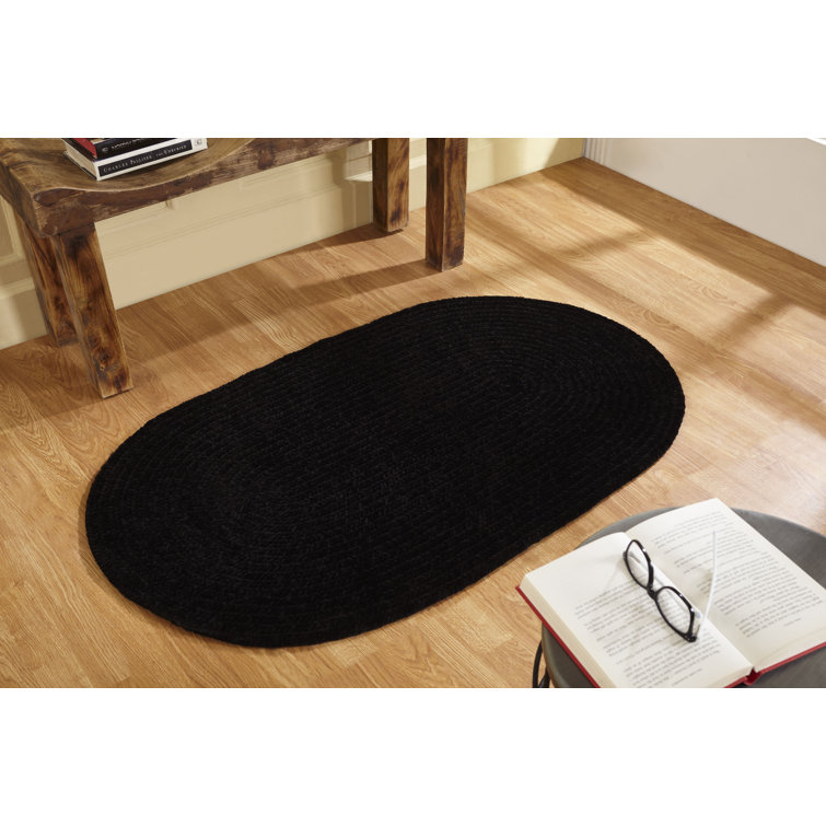 Black Oval Braided Polyester Runner Rug, 24'' x 108''