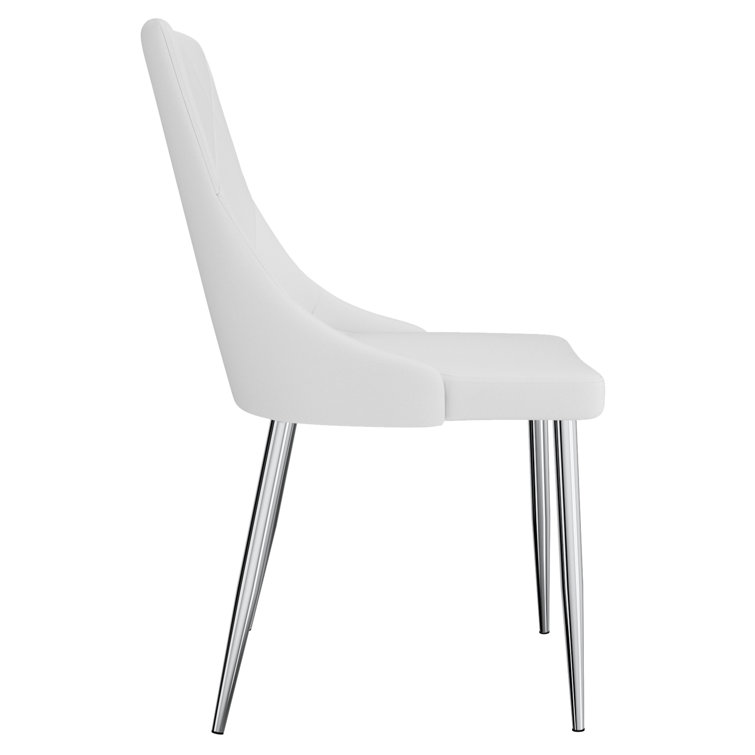 Curved Wood Frame Side Chair in White Faux Leather with Chrome Legs