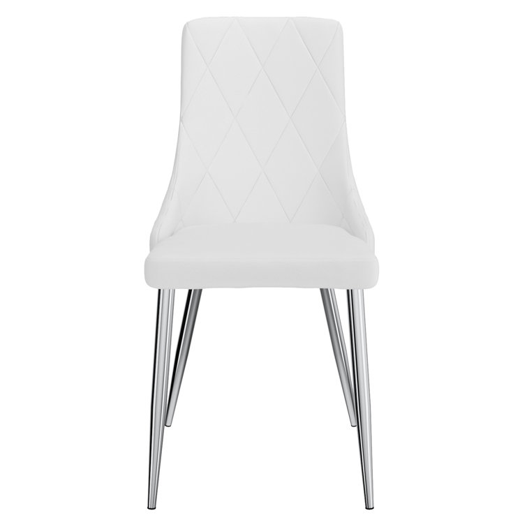 Curved Wood Frame Side Chair in White Faux Leather with Chrome Legs