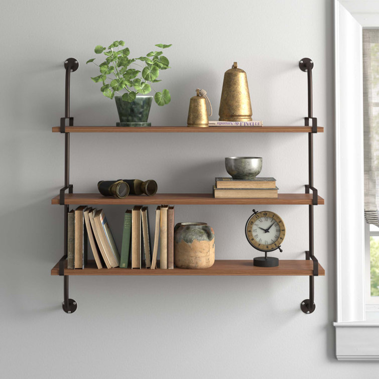 Elegant 38'' Brown Wood Floating Wall Shelf with Five Sections