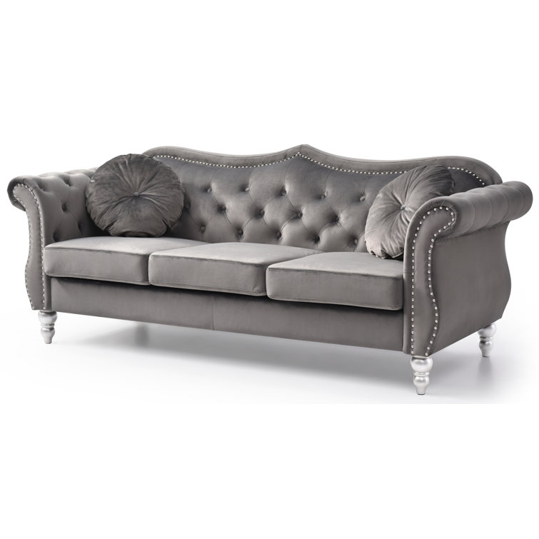 Elegant Dark Gray Velvet Tufted Sofa with Nailhead Accents