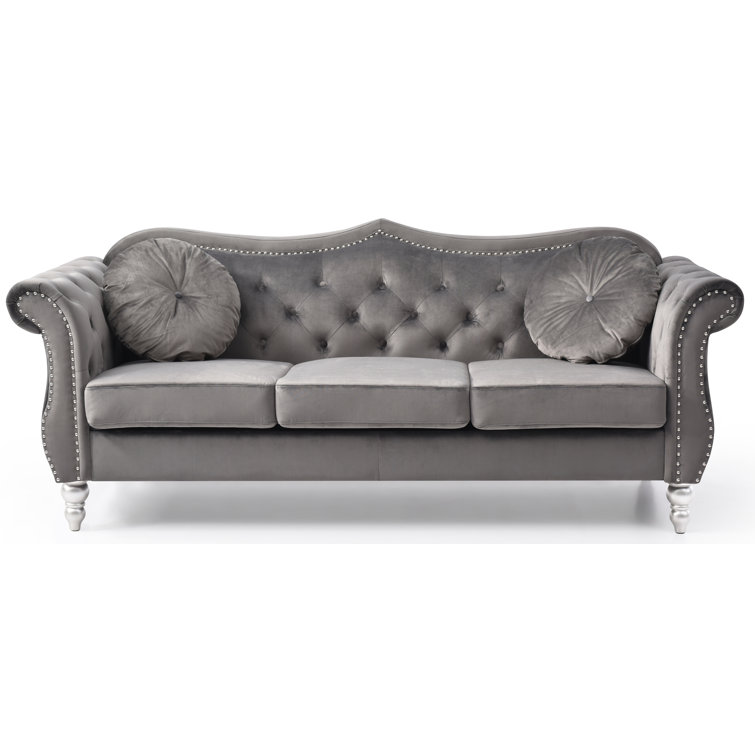 Elegant Dark Gray Velvet Tufted Sofa with Nailhead Accents