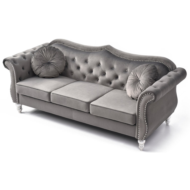 Elegant Dark Gray Velvet Tufted Sofa with Nailhead Accents