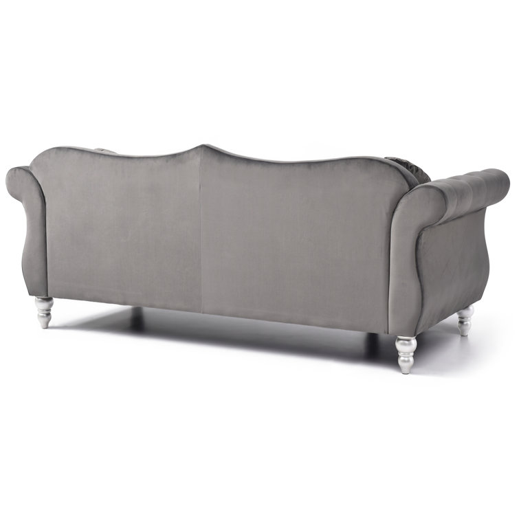 Elegant Dark Gray Velvet Tufted Sofa with Nailhead Accents