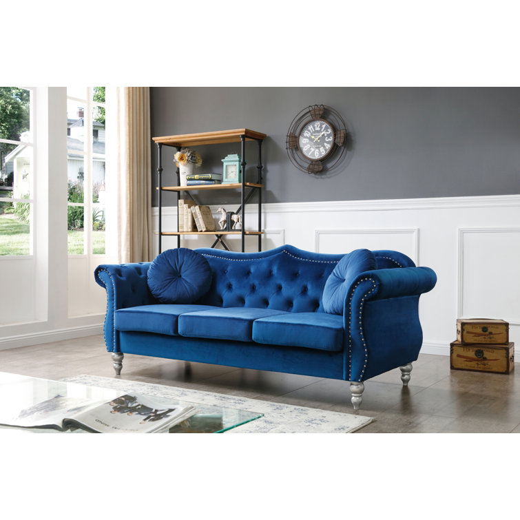 82'' Off-White Tufted Velvet Sofa with Nailhead Trim