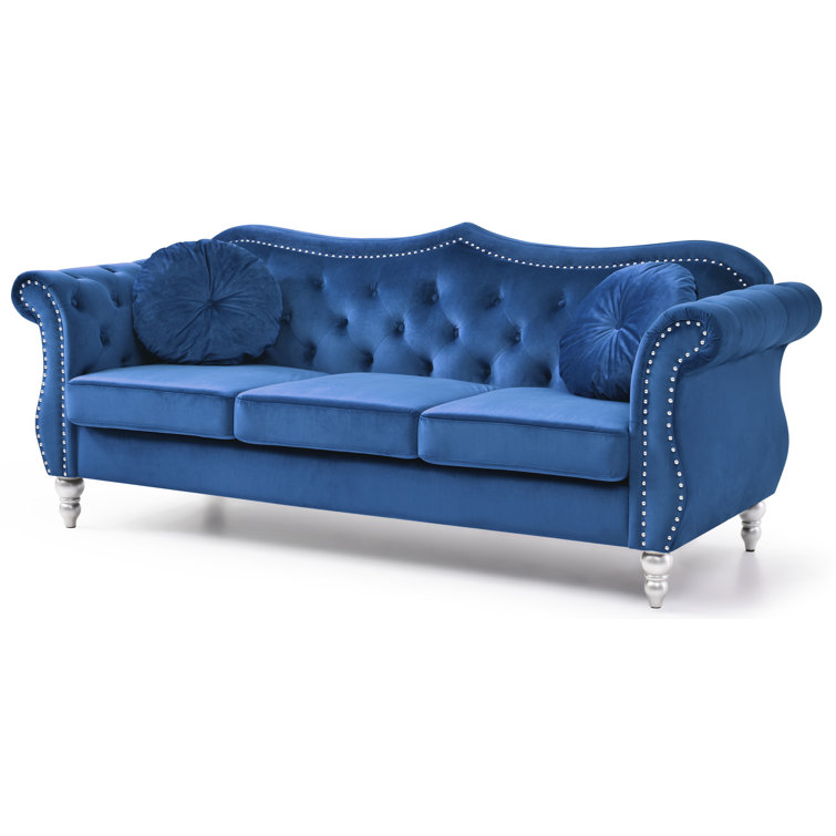 82'' Off-White Tufted Velvet Sofa with Nailhead Trim